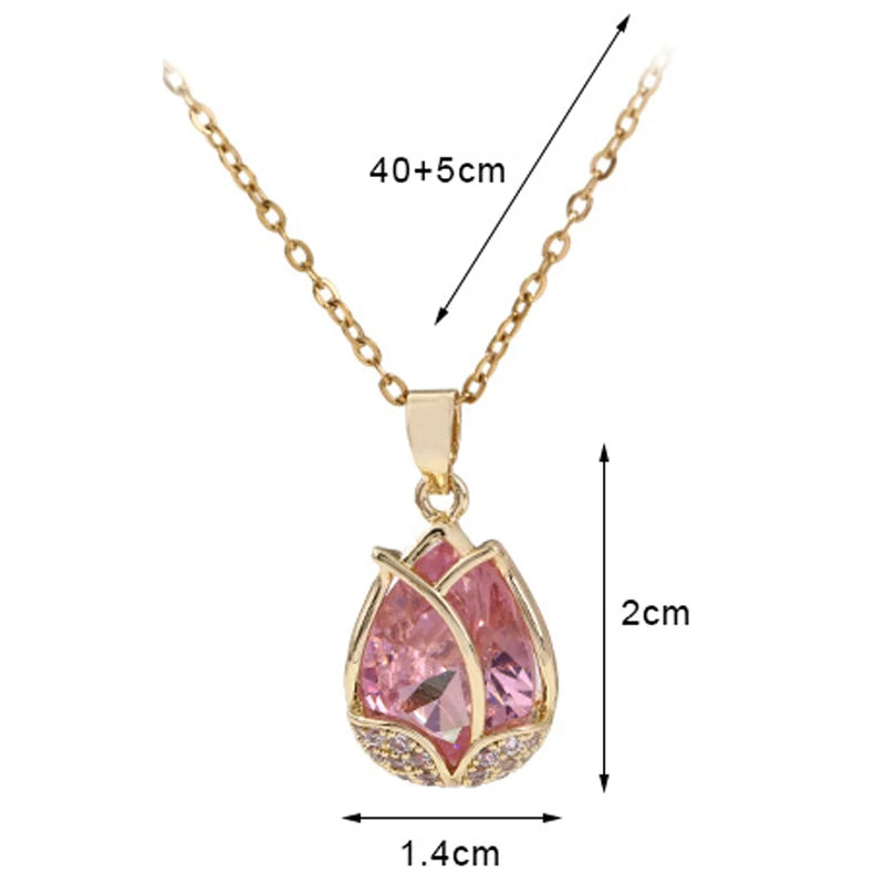 Colar de Senhora Tulip – Luxo e Brilho com Pendente em Flor de Tulipa em Aço Titânio e Cristais